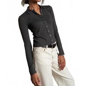 NEW PERFECTWHITETEE amee luxe rib long sleeve button polo in charcoal